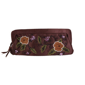 Avon Clutch Handbag Brown Satin Floral Embroider Beaded Sequin Evening Bag Purse